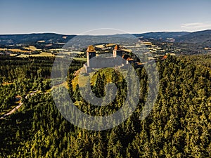 Kasperk Castle in a sunny autumn day. Pusty Hradek viewpoint. South Bohemia, Sumava. Czech Republic.