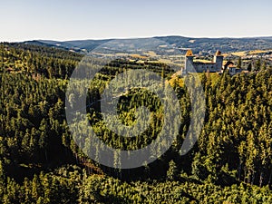 Kasperk Castle in a sunny autumn day. Pusty Hradek viewpoint. South Bohemia, Sumava. Czech Republic.