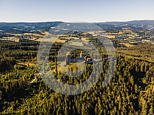 Kasperk Castle in a sunny autumn day. Pusty Hradek viewpoint. South Bohemia, Sumava. Czech Republic.