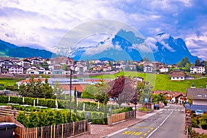 Kastelruth and Schlern peak in Alps landscape view