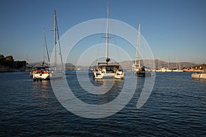 KASTOS island, GREECE-August, 2021. Port of Kastos island with moored yachts, sailboats, boats - Ionian sea, Greece in