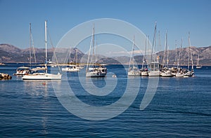 KASTOS island, GREECE-JULY, 2020. Anchored sailboats off the coast of the KASTOS island,Ionian Islands,Greece in summer.