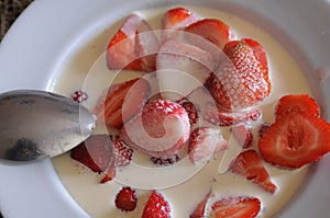 Desseert strawbery with cream milk in Copenhagen Denmark photo