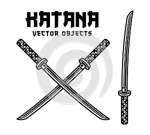 Katana sword set of vector objects or elements in vintage black style on white background