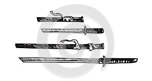 Katana and tantÅ with scabbards Japanese swords set, hand drawn doodle sketch, isolated outline illustration
