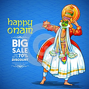 Kathakali dancer on advertisement and promotion background for Happy Onam festival of South India Kerala photo