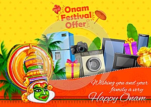Kathakali dancer on advertisement and promotion background for Happy Onam festival of South India Kerala