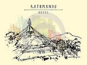 Kathmandu, Nepal, Asia. Boudhanath Boudha temple. Hand drawn travel postcard