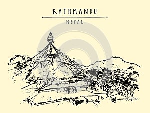 Kathmandu, Nepal, Asia. Boudhanath Boudha temple. Hand drawn travel postcard