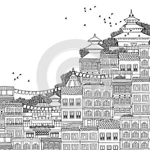 Kathmandu, Nepal - hand drawn black and white illustration