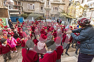 KATHMANDU, NEPAL - pupils during dance lesson in primary school.