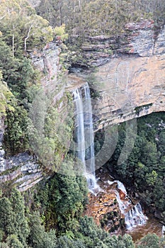 Katoomba Falls in the Blue Mountains New South Wales Australia. A long high waterfall over cliffs