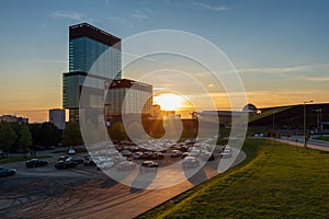 Katowice, Poland - September 23, 2022: Sunset in Katowice. View towards the international cultural center, modern skyscrapers and