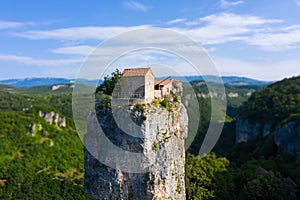 Katskhi pillar. Alone man`s monastery near the village of Katskhi. The orthodox church and the abbot cell on a rocky