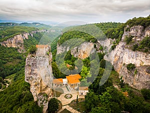 Katskhi pillar with church ruins on top with scenic panorama. Sightseeing landmarks Georgia concept