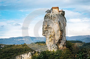 Katskhi pillar. Georgian landmarks. The church on a rocky cliff.