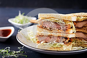 Katsu Sando - food trend japanese sandwich with breaded pork chop, cabbage photo
