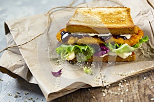 Katsu Sando - food trend japanese sandwich with chicken cutlet, cabbage and tonkatsu sauce. Japanese cuisine photo