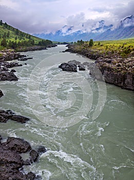 Katun River in the Altay Mountains. Stormy stream among the rocks.
