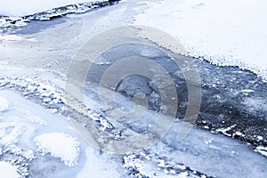 Katun river channel with ice and snow in the Altai mountains in winter