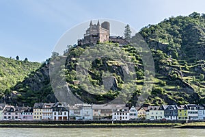 The Katz Castle ( or Burg Katz) situated on a ledge of rock overlooking the river Rhine, in Germany