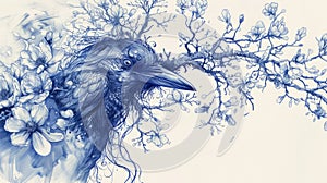 Kaua\'i o\'o bird in style of biological anatomical book Abstract Blue ink on white paper under a magnolia tree