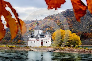 Kaub, Germany - Medieval Toll Castle Pfalzgrafenstein on an Island in the Rhine River through the Autumn Leaves