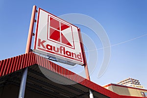 Kaufland logo on hypermarket from German chain, part of Schwartz Gruppe on January 21, 2017 in Prague, Czech republic.