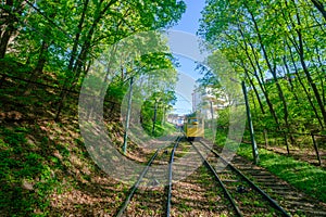 KAUNAS, LITHUANIA - MAY 5 2023: Zaliakalnis Funicular Railway in Kaunas Lithuania