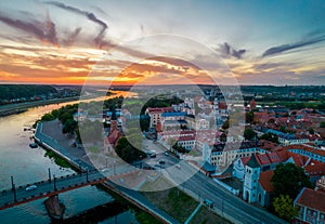 Kaunas old town, Lithuania. Aerial view of a colorful summer sunset over city