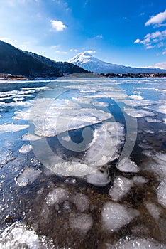 Kawaguchiko lake is ice in winter