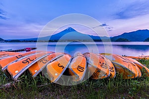 Kawaguchiko lake and Mount Fuji san after sunset, Yamanashi,