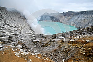 Kawah Ijen volcano and sulfur lake is composite volcanoes in the Banyuwangi Regency of East Java, Indonesia, Kawah ijen have Blue