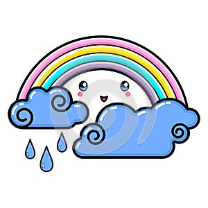 Kawai Cloud, Rainbow, Rain web element. Social media icon. Business concept. Tattoo template. Line art.