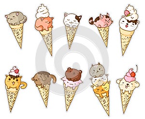 Kawai ice-cream with cute animal mascot icon set