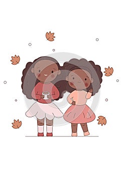 Kawaii African American girls hugging. Cute little sisters with flowers. design. Stock vector illustration