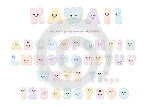 Kawaii alphabet in pastel colors with funny smiling faces. For birthday greeting cards, party invitation, kids design.