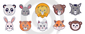 Kawaii animals. Cute doodle cat tiger panda mouse and other pets avatars with funny emoji faces. Vector cartoon animal