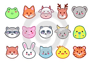 Kawaii animals. Cute zoo faces, smiling animal heads cartoon vector Illustration set