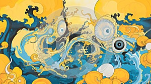 Kawaii art, dark yellow and light blue - 4, AI generated photo