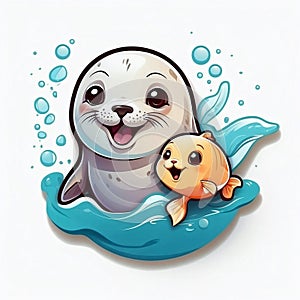 Kawaii Baby Seal Sticker Adorable Vector Art with Fish