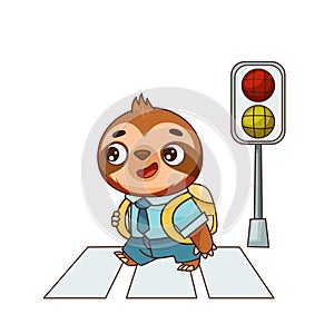 Kawaii baby sloth walks across the road at a crosswalk with a backpack
