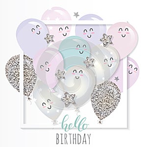 Kawaii balloons in paper cut out frame. Birthday and holiday card template. Pastel pinl and silver glitter.