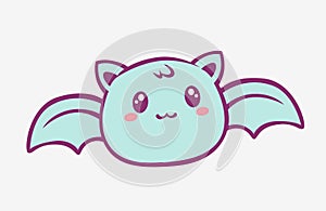 Kawaii bat cartoon. Enthusiastic funny little blue bat with wings and red blush anime.
