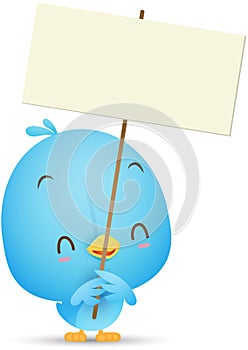 Kawaii Blue Bird holding blank sign