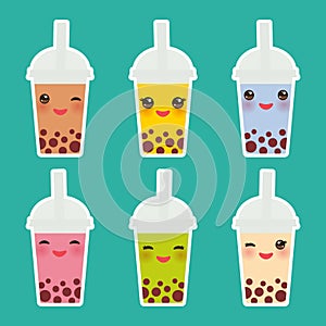 Kawaii Bubble Tea with different fruits and berries. Milk Cocktails in plastic cup, tubule. Different sorts of Bubble Tea Cocktai