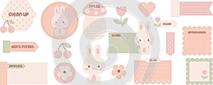 Cute digital note papers and stickers for bullet journaling or planning. Kawaii bunny, flower, cherry.