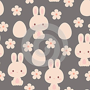 Kawaii bunny, Easter eggs, and flowers seamless pattern.
