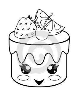 Kawaii cake with a cute smiling face. Cupcake - face with icing, strawberries, lemon and cherry. Vector linear picture for colorin photo