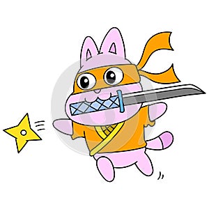 Kawaii cartoon ninja bunny carrying a sword and throwing a shuriken, doodle icon image